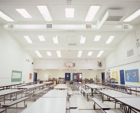 school cafeteria gym with skylights above
