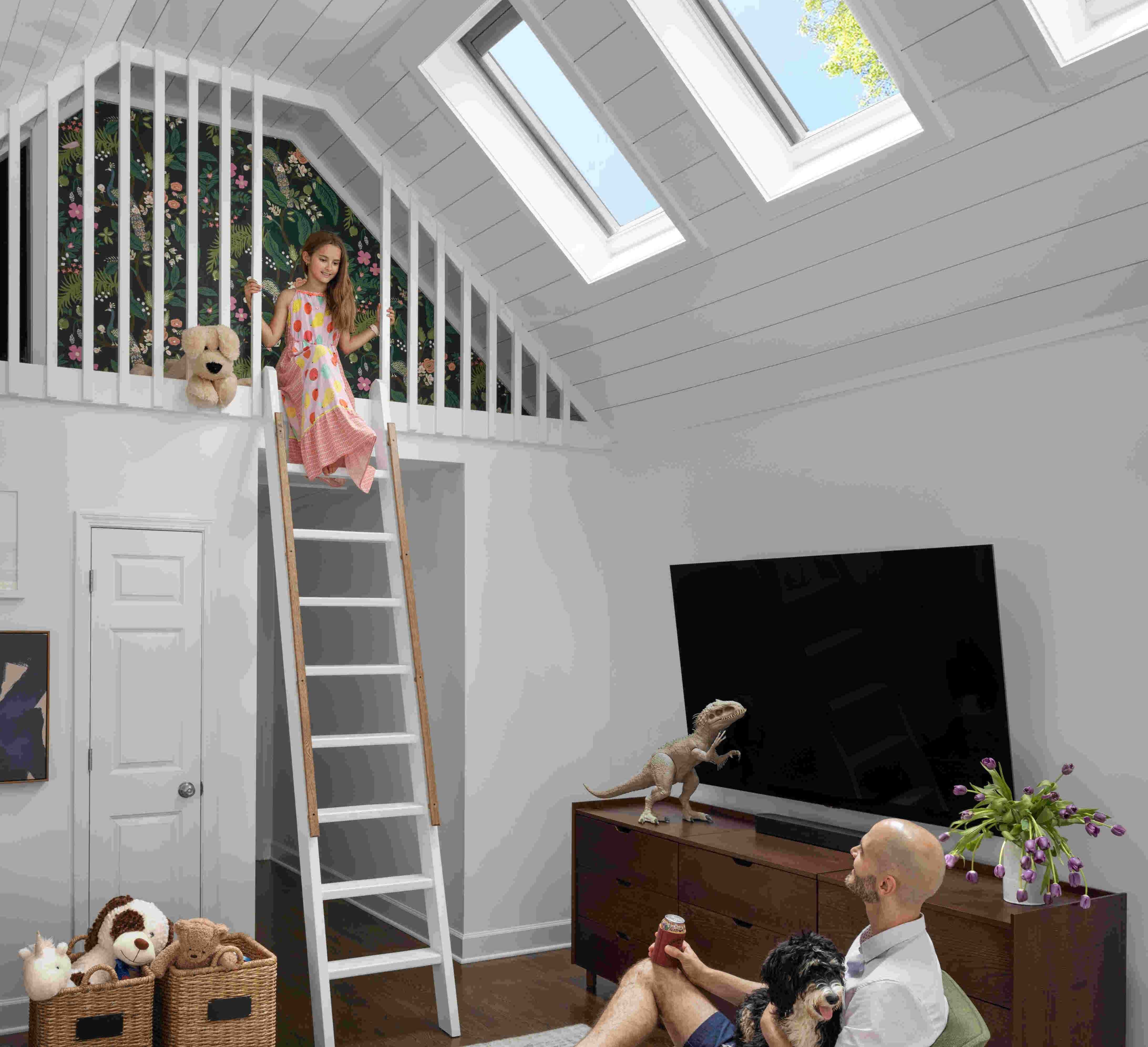 child reduces anxiety by sitting near venting skylights
