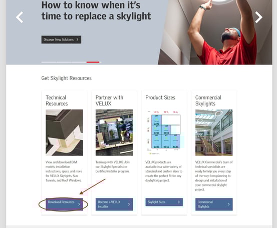 VELUX homepage with Download resources button highlighted