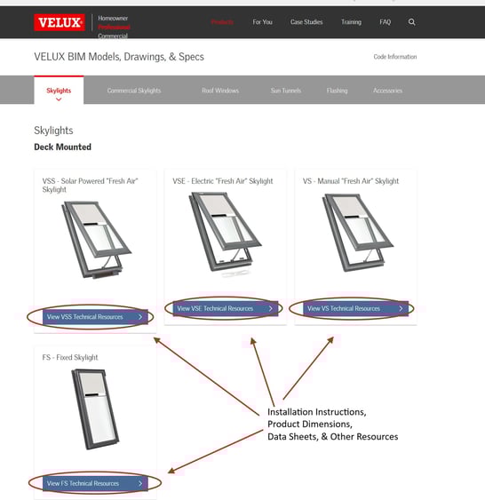VELUX Installation Instructions Product Page with resources buttons highlighted