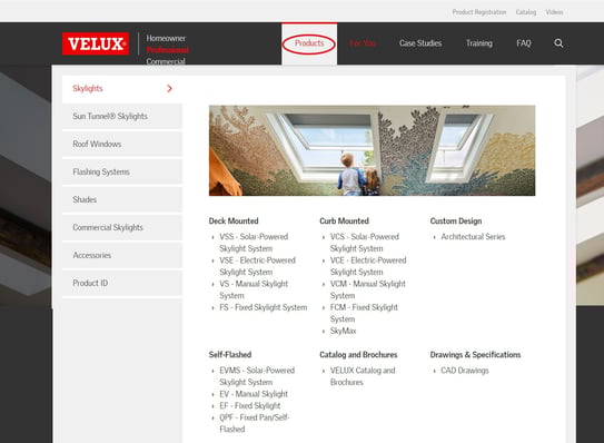 VELUX product drop down menu