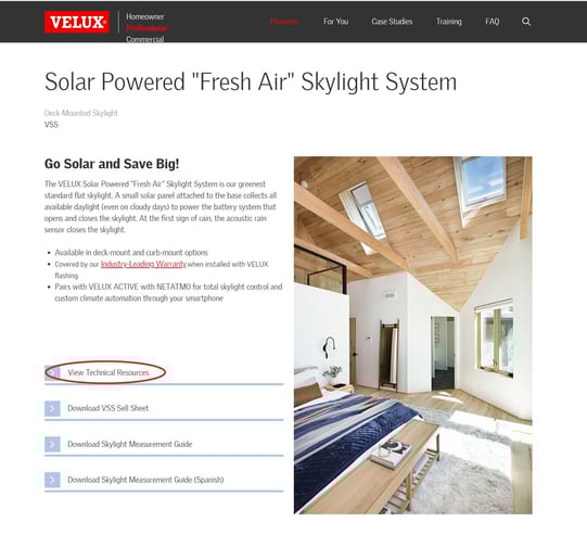 VELUX Skylight product page showing technical resources button