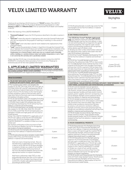 Page 1 of the VELUX limited warranty
