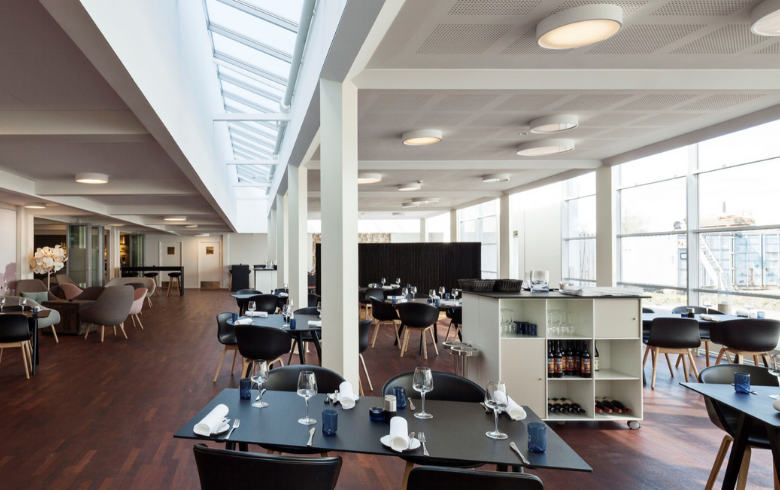 Hotel Dining Space with Skylights Above
