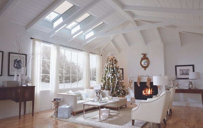 Skylights over a room decorated for the holidays.
