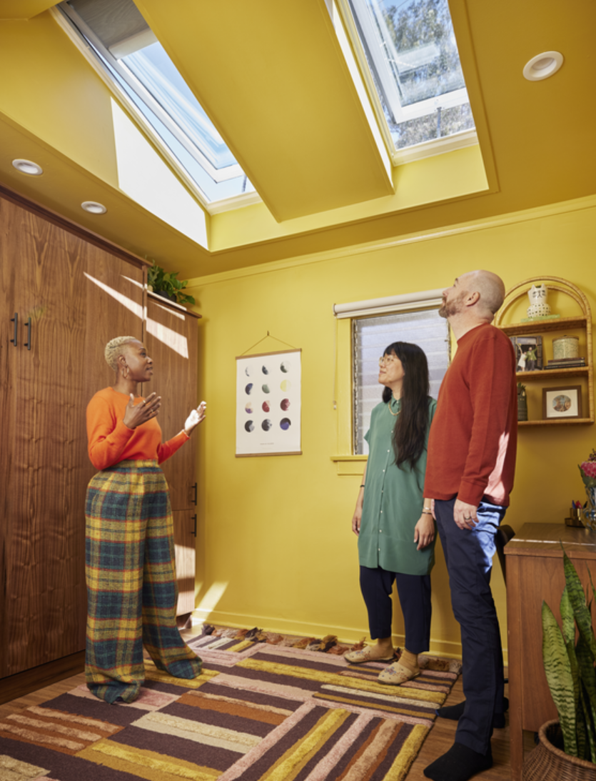 an interior designer discusses skylights in her designs with the homeowners
